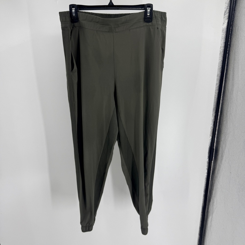 Athleta Brooklyn Jogger Pants Womens 14 Olive Green Ribbed Side Panel Activewear